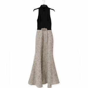 Theia Black Gold Metallic Mermaid Evening Gown Size 4 MSRP $1295